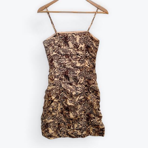 J.O.A. | Animal Mix Print Beige and Black Bodycon Ruched Mini Dress | Size S - Picture 2 of 9
